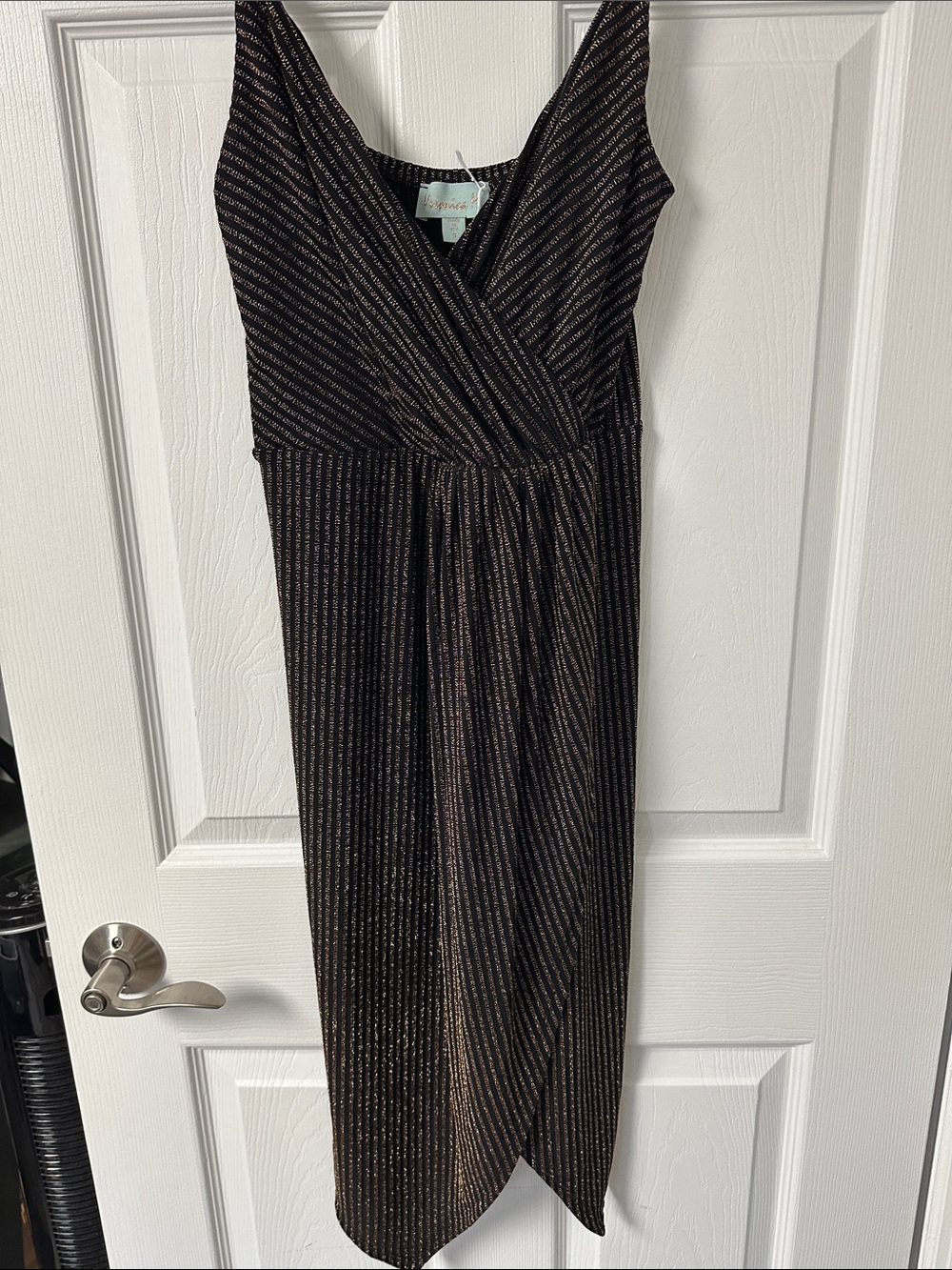 Veronica M Black Wrap Midi Dress with Metallic Gold Stripes